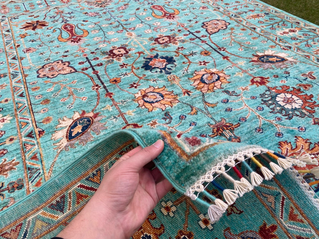 Turquoise 6x8 Feet Sultani Area Rug Handknotted Afghan Natural Wool Rug