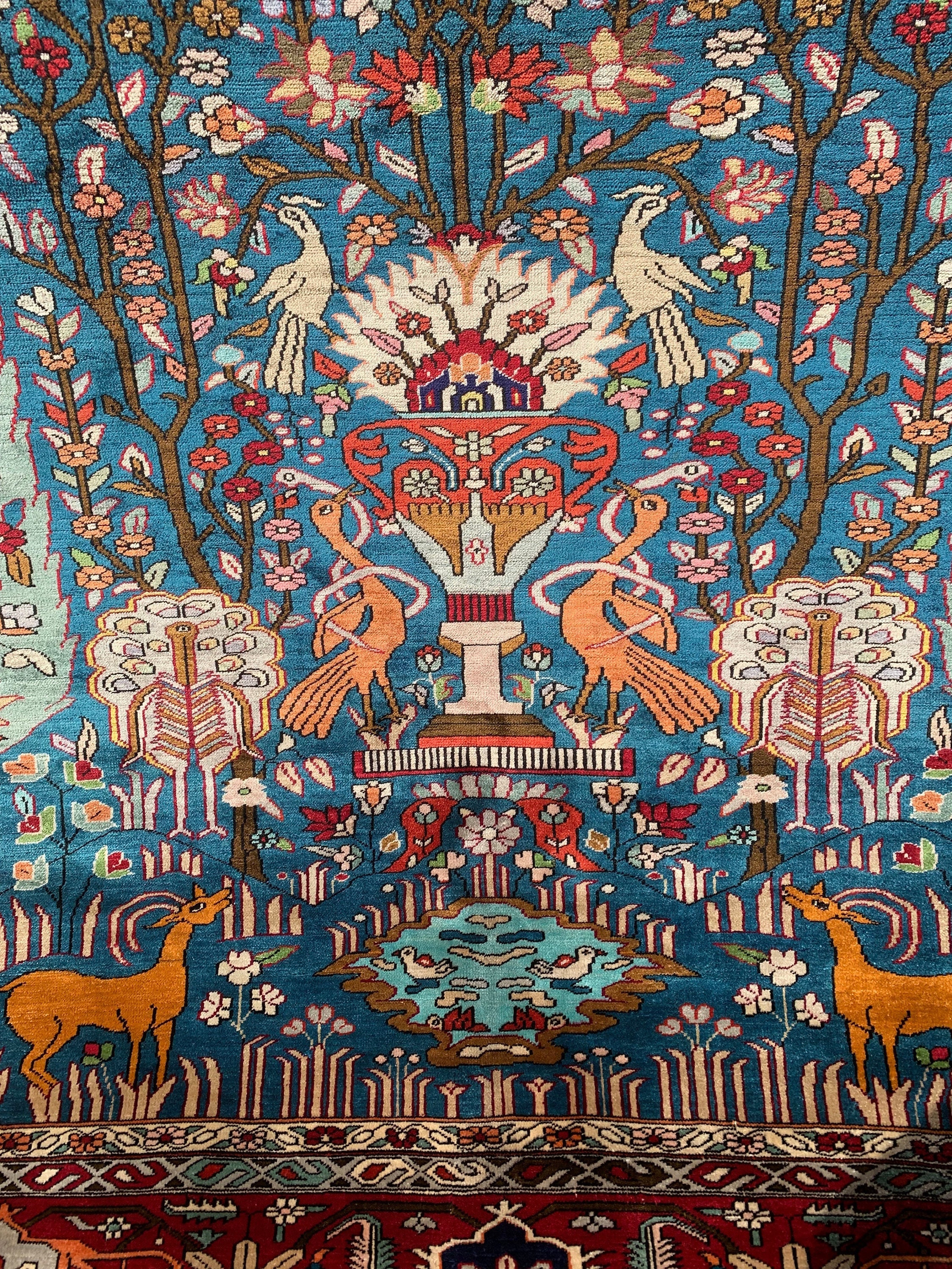 Hunting Scene Silk Rug, Small Silk Carpet, Hanging Wall Rug, Royal
