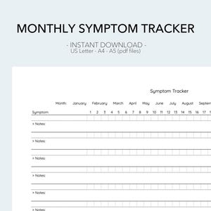 Può includere: Un tracker dei sintomi mensili stampabile in bianco, intitolato "MONTHLY SYMPTOM TRACKER" in testo nero. Il tracker include sezioni per sintomi e note, con date da gennaio a settembre. Disponibile nei formati US Letter, A4 e A5.