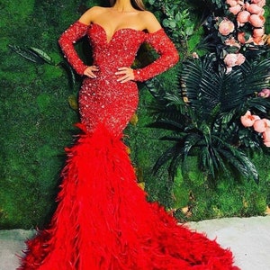 Red prom dress with rhinestones cheap