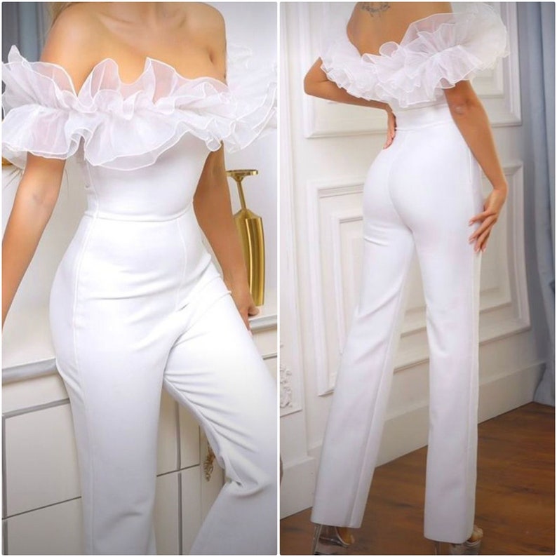 Stylish off Shoulder White Bridal Jumpsuit, White Floor Length Wedding