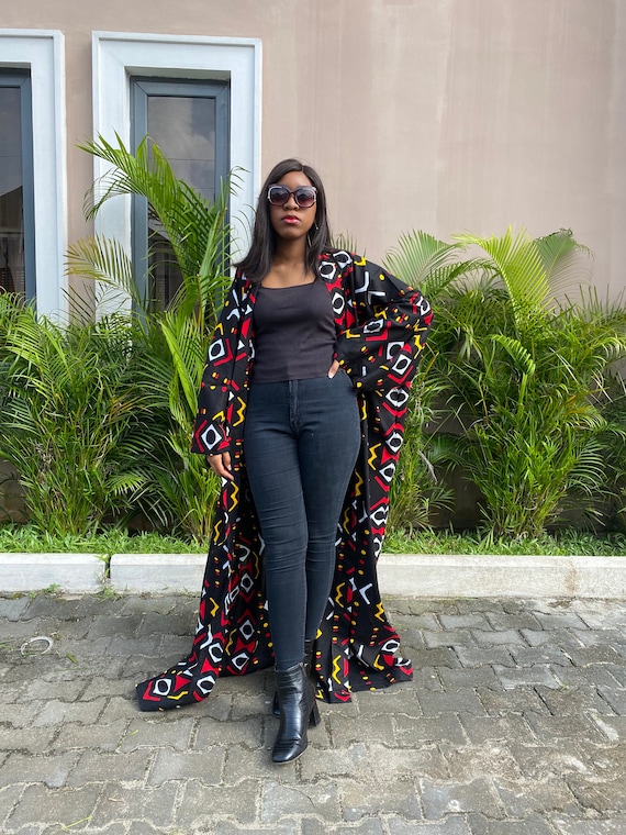Tribal Print Bogolan Longline Kimono Jacket Autunm Winter Jackets