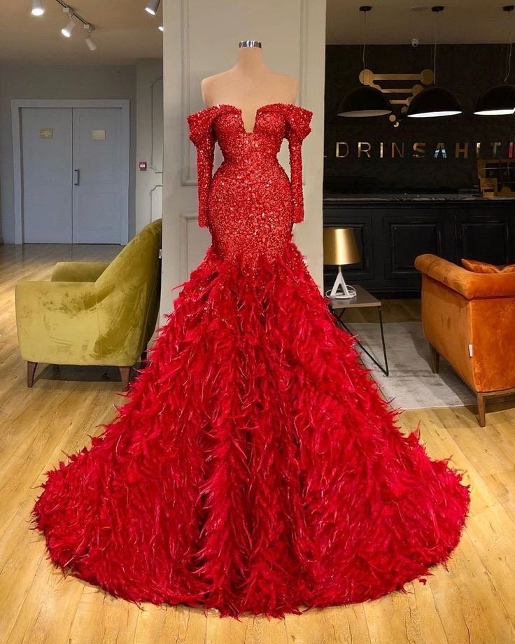 Red Sequin Off-shoulder Feather Prom Dress, African Wedding Dress ...
