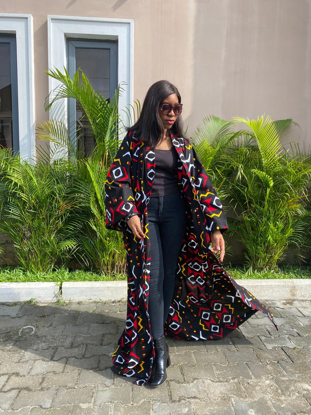 Tribal Print Bogolan Longline Kimono Jacket, Autunm Winter Jackets for