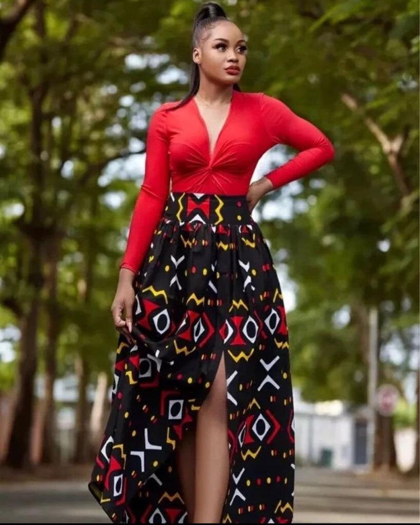 High-Waist Skirt Red African Pattern - Sante Wear Inc.