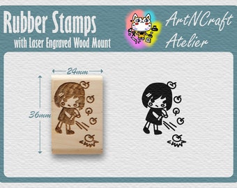 Rubber Stamp "Grumpy Girl" with Laser Engraved Maple Wood Mount