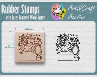 Rubber Stamp for Journaling "Cute Girl on a Duck" with Laser Engraved Maple Wood Mount