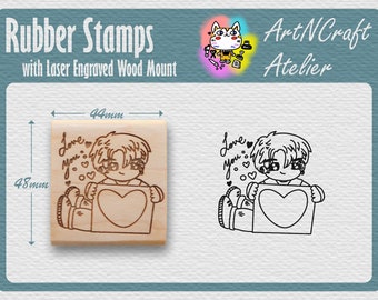 Rubber Stamp for Journaling "Lovely Boy" with Laser Engraved Maple Wood Mount