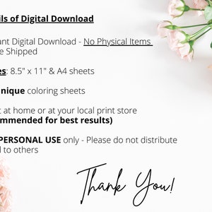 Puede incluir: Un fondo blanco con rosas rosas y texto que dice "Detalles de la descarga digital - Descarga digital instant&aacute;nea - No se env&iacute;an art&iacute;culos f&iacute;sicos - Tama&ntilde;os: 8,5" x 11" y hojas A4 - 41 hojas para colorear &uacute;nicas - Imprime en casa o en tu imprenta local (recomendado para obtener los mejores resultados) - Solo para USO PERSONAL - Por favor, no distribuyas ni vendas a otros &iexcl;Gracias!"