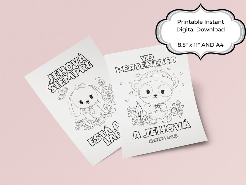 Puede incluir: Dos p&aacute;ginas para colorear imprimibles con ilustraciones de animales lindos. La primera p&aacute;gina presenta un conejito con el texto "Jehov&aacute; Siempre" y la segunda p&aacute;gina presenta un oso con el texto "Yo Pertenezco a Jehov&aacute; Isa&iacute;as 44:5".