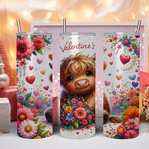 Cute Highland Cow Valentine Tumbler, Pink Hearts Highland Cow Tumbler, Valentine&#39;s Day Tumbler, 20oz Highland Cow, Travel Cup, Gift for Her