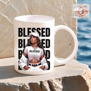 Blessed Coffee Mug, Black Girl Magic Gift, Afro Art Coffee Cup, Empowerment Quote for Women, Boss Babe Vibe, Affirmation Cup Gift for Friend