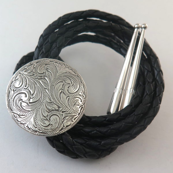 Stunning Etched Sterling Silver Round Southwestern Bolo Tie