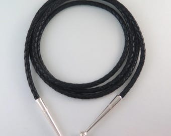 High Quality Braided Black Leather Bolo Tie Cord & Sterling Silver Tips