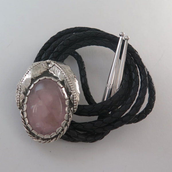 High Quality Sterling Silver & Rose Quartz Southwestern Ornate Bolo Tie