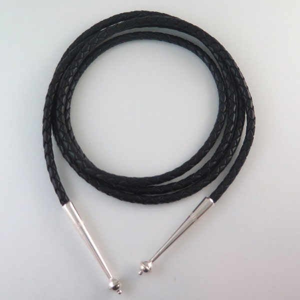 High Quality Braided Black Leather Bolo Tie Cord & Sterling Silver Tips