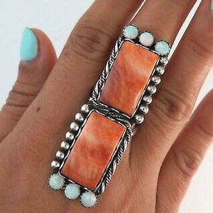 XL Sterling Silver with Spiny Oyster & Lab Opal Size 9 Handcrafted Ring