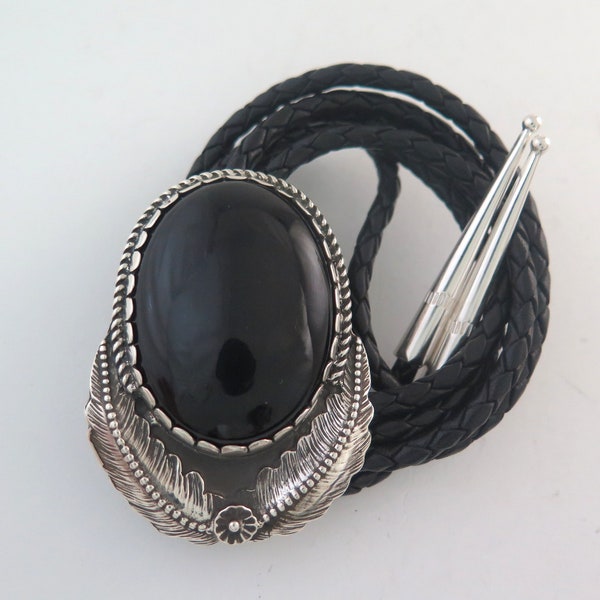 Stunning Large Sterling Silver Black Onyx Southwestern Quality Bolo Tie