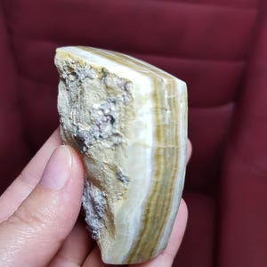 Puede incluir: Un espécimen de piedra natural con un exterior rugoso y texturizado y un interior pulido y veteado. La piedra presenta capas de tonos crema, beige y marrón, creando un patrón rayado. La piedra se sostiene en una mano, mostrando su tamaño y forma.