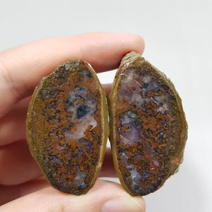 May include: Two polished, oval-shaped agate stones. The stones feature a mix of colors, including brown, rust, purple, and white, with intricate patterns. The edges are a lighter brown, and the overall texture is rough.