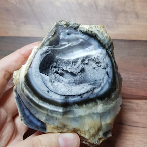 May include: A natural, polished stone with a layered, banded pattern in shades of gray, white, and beige. The stone has a rounded shape with a central cavity, showcasing its unique geological formation. The stone is held by a hand.