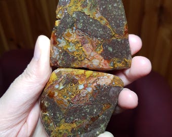 May include: Two pieces of polished agate with a brown, red, and yellow colour pattern. The agate has a unique, natural, and intricate pattern.