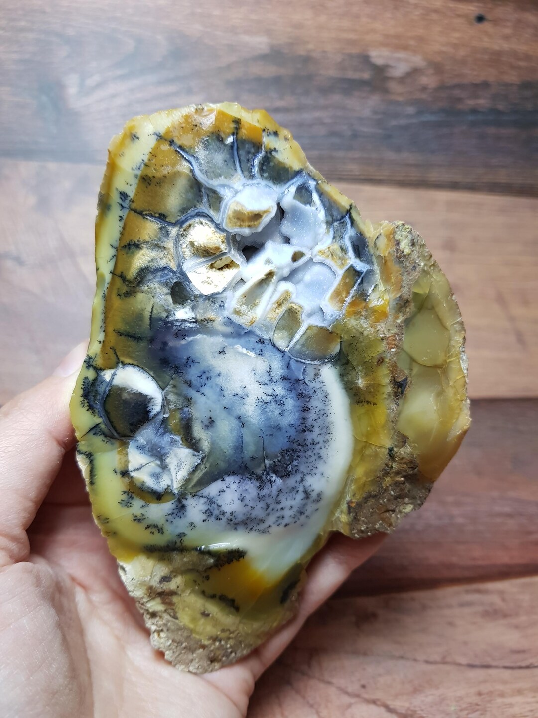 Dendritic Blue-yellow Opal Geode With Blue Druzy Core | Natural Geode ...