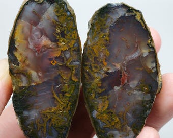 Red and Lavender Blue Black Sea, Forest Green and Mustard Yellow Moss Chalcedony