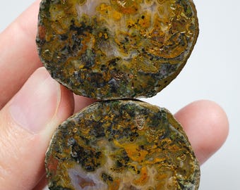 Earthy Bronze Rust and Violet Black Sea Plume Agate Pair