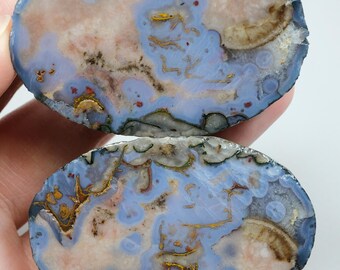 Blue, Cream Banded and Rust Embroidered Black Sea Agate