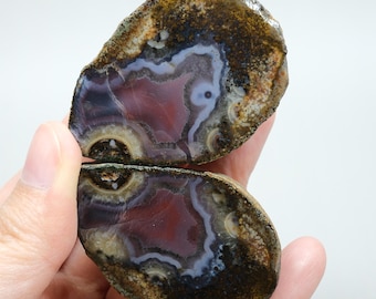Red and Lavender Blue Banded Black Sea Agate Pair