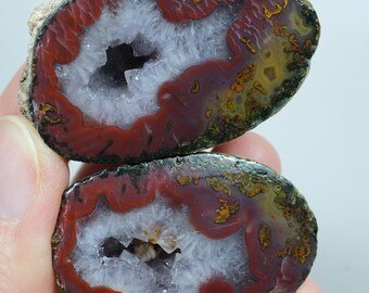 Crimson Red Banded and Mustard Yellow Embroidered Black Sea Agate with Amethyst Geode