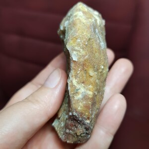 May include: A rough, natural crystal formation with a light brown and tan color. The crystal has a textured surface and is held in a hand.