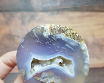 Blue Chalcedony with White Botryoidal Geode and Brown Mineral Edges – Water World-Inspired Polished Gemstone
