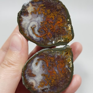 May include: Two halves of a polished agate stone, showcasing intricate patterns. The stone features swirls of white, purple, and orange hues, with a dark green outer edge. The natural stone is held in a hand.