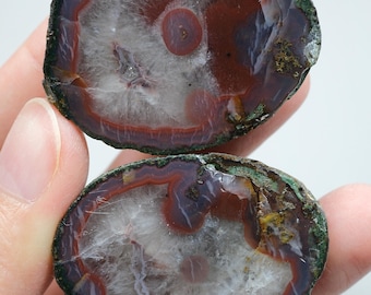 Almus Black Sea Agate Pair | Deep Burgundy Red, Smoky Gray & White Quartz Plume Agate