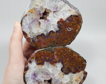 Mustard Yellow and Red Embroidered Large Black Sea Agate with Amethyst Cave
