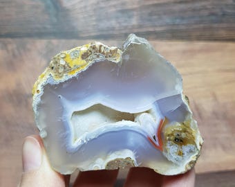 Blue Chalcedony with White Botryoidal Geode and Brown Mineral Edges – Water World-Inspired Polished Gemstone