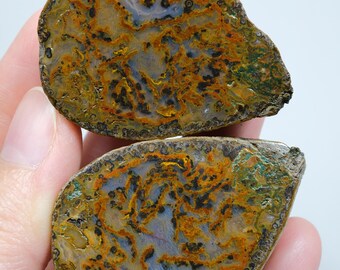 Earthy Bronze Rust and Indigo Violet Black Sea Plume Agate Pair