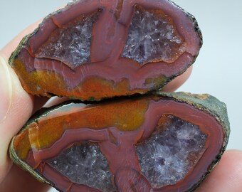 Crimson Red and Orange Banded Black Sea Agate with Violet Purple Amethyst Crystal Geode
