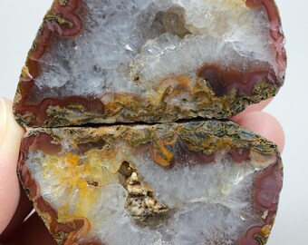 Brick Red Banded and Mustard Yellow Embroidered Black Sea Agate Pair with  Quartz Geode
