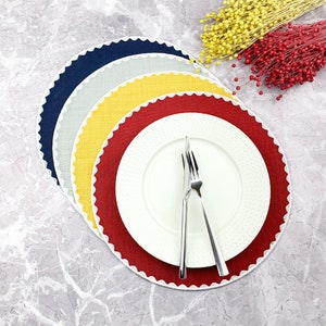 Colorful linen round placemats, embroidered table mats with colorful white wavy scalloped edge for Dinner Table, Home Decor, Christmas Gift