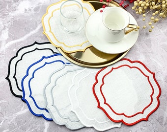 White linen medallion coasters, embroidered cocktail napkins with double scalloped edge for Dinner, Coffee Table, Home Decor, Xmas Gift