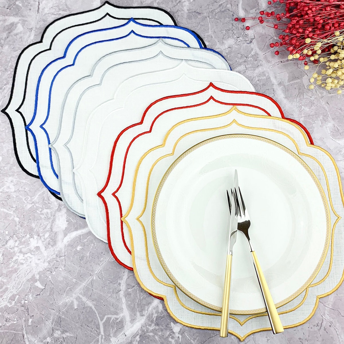 White Thread - White Linen Medallion Placemats, Etsy - Set of 4