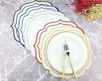 Sets de table médaillon en lin blanc, tapis de table brodés avec double bord festonné coloré pour table à dîner, décoration d'intérieur, cadeau de Noël