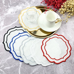 White linen medallion coasters, embroidered cocktail napkins with double scalloped edge for Dinner, Coffee Table, Home Decor, Xmas Gift