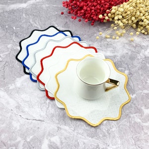 White linen flower coasters, embroidered cocktail napkins with colorful scalloped edge for Dinner, Coffee Table, Home Decor, Xmas Gift