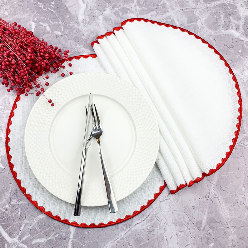 White Linen Round Placemats Embroidered Table Mats With Etsy