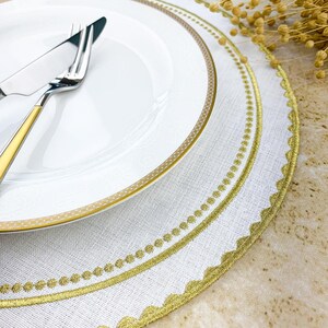 Gold Embroidered White Round Placemats with Detailed Scallop Edge, Premium and Decorative Dining Table Decor, Special Occasion Placemats