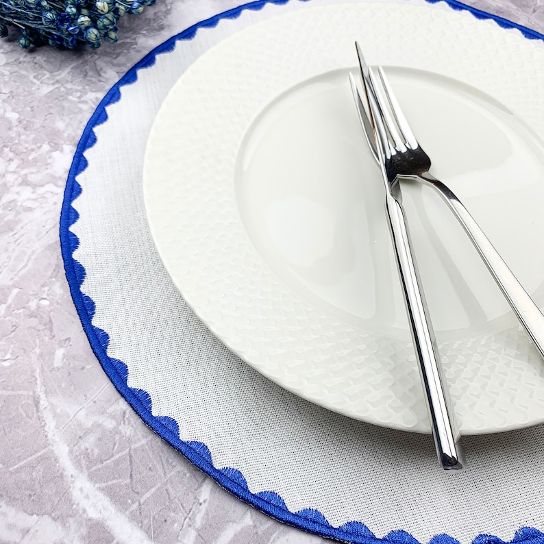 White Linen Round Placemats Embroidered Table Mats With Etsy